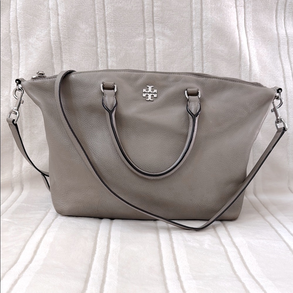 Tory Burch Frida Pebbled Leather Satchel Shoulder Crossbody Bag Taupe